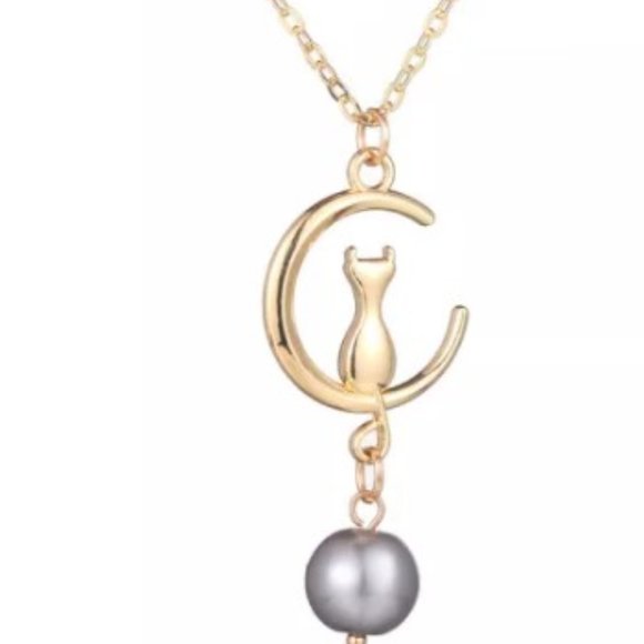 Other - TT-Cat on Moon Gold-tone necklace with faux black pearl